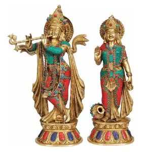 Home Decor Metalen Hindoe God Standbeeld Gegoten Brons Messing Heer Krishna Murti Radha Krishna Standbeeld Sculptuur