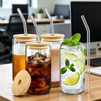 Gobelet en verre transparent pour café glacé avec couvercle en bambou et paille en verre, plusieurs tailles, pour jus, lait, thé, idéal pour café, maison, vente en gros