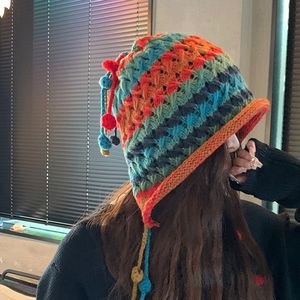 Gorro de punto a rayas de colores con orejeras con borlas, gorro cálido de invierno para mujer, estilo asiático, hecho a mano, elástico y plegable - Product Image 2