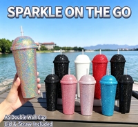 Gobelet isotherme rose grande capacité avec strass, double paroi sous vide, en plastique, avec paille