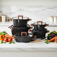 Ensemble de 15 ustensiles de cuisine en aluminium moulé sous pression, antiadhésifs, compatibles induction, avec poignées imitation bois pour la cuisine à domicile