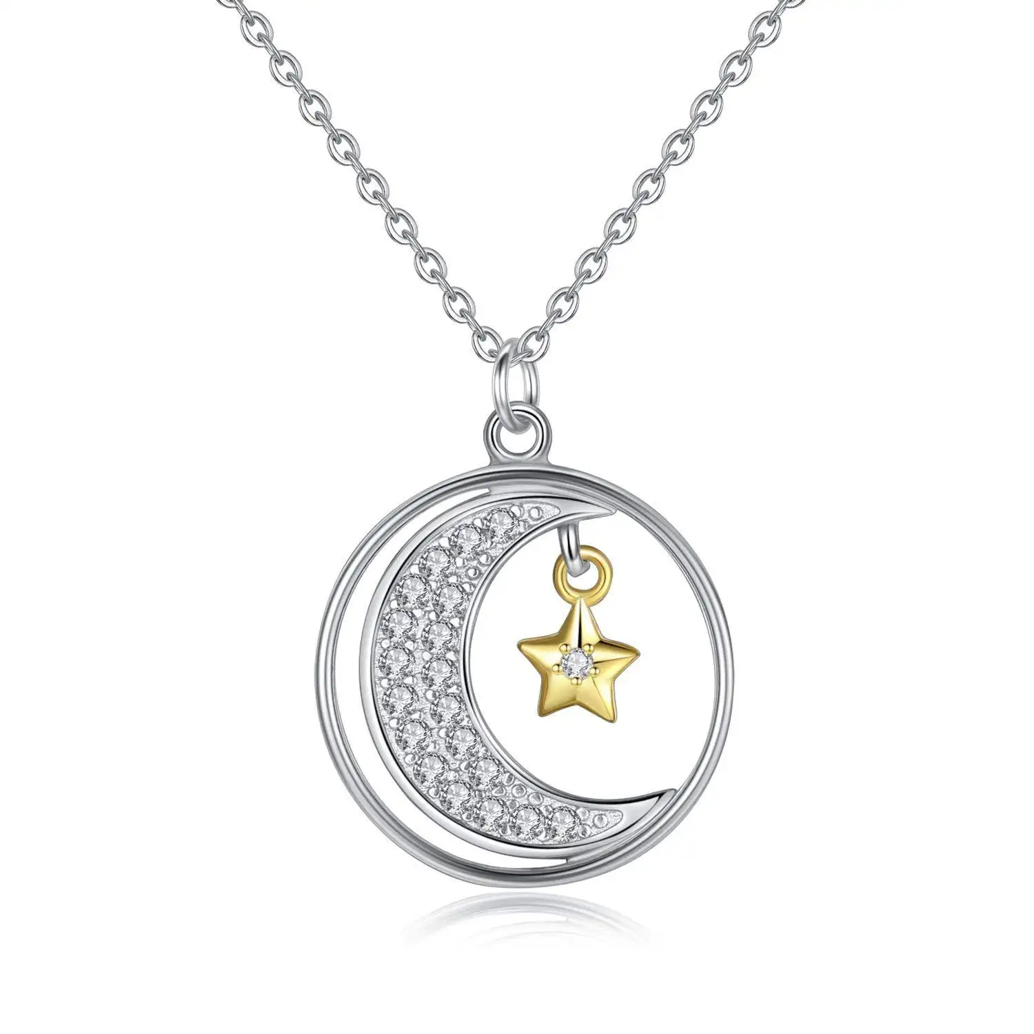Star Moon Pendant Necklace Jewelry Women 925 Sterling Silver Round Circle Plated Gold Jewelry