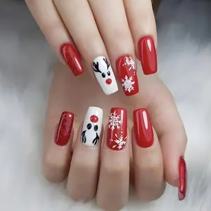 Nieuwe Kerst Nail Art Tips Volledige Cover Franse Rode En Witte Sneeuwvlok Schattige Elanden Nageltips