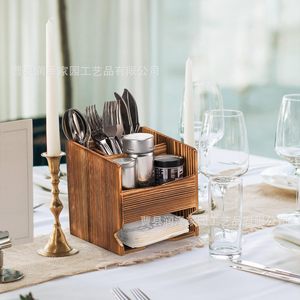 Organizador de Cubiertos de Madera Rectangular Color Quemado con Compartimentos para Almacenamiento en la Mesa de Comedor - Product Image 1