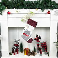 Chaussettes de Noël en polyester rouge et blanc, bordure tricotée, broderie de dessins animés, Père Noël, chiot, chaton, pingouin, sapin de Noël, bonbons de Noël