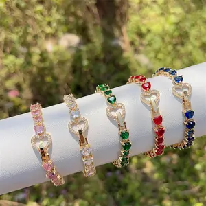 24k Gold Multi colored Cubic Zirconia heart design Crystal Tennis Chain Bracelet colorful zircons women tennis bracelets