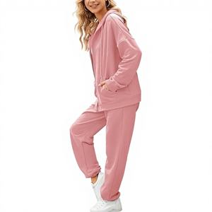 Ensemble de survêtement décontracté pour femme, hiver, uni, brodé, 2 pièces, sweat à capuche zippé, pantalon de jogging long - Product Image 1
