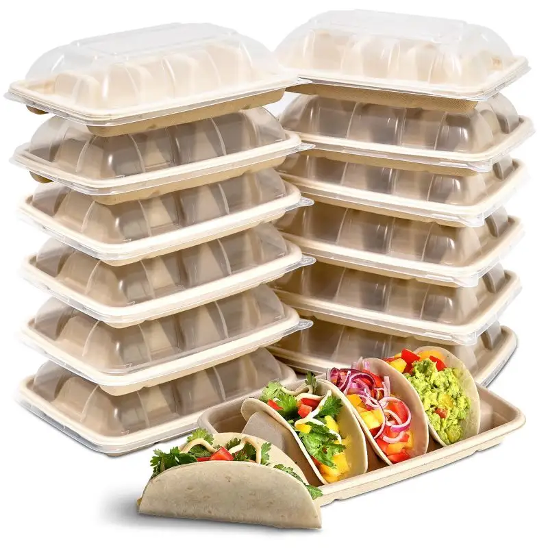 Fabriek Custom Goedkope Biologisch Afbreekbare Bagasse Pulp 3 4 Compartimenten Wegwerp Taco Verpakking Doos Met Deksel