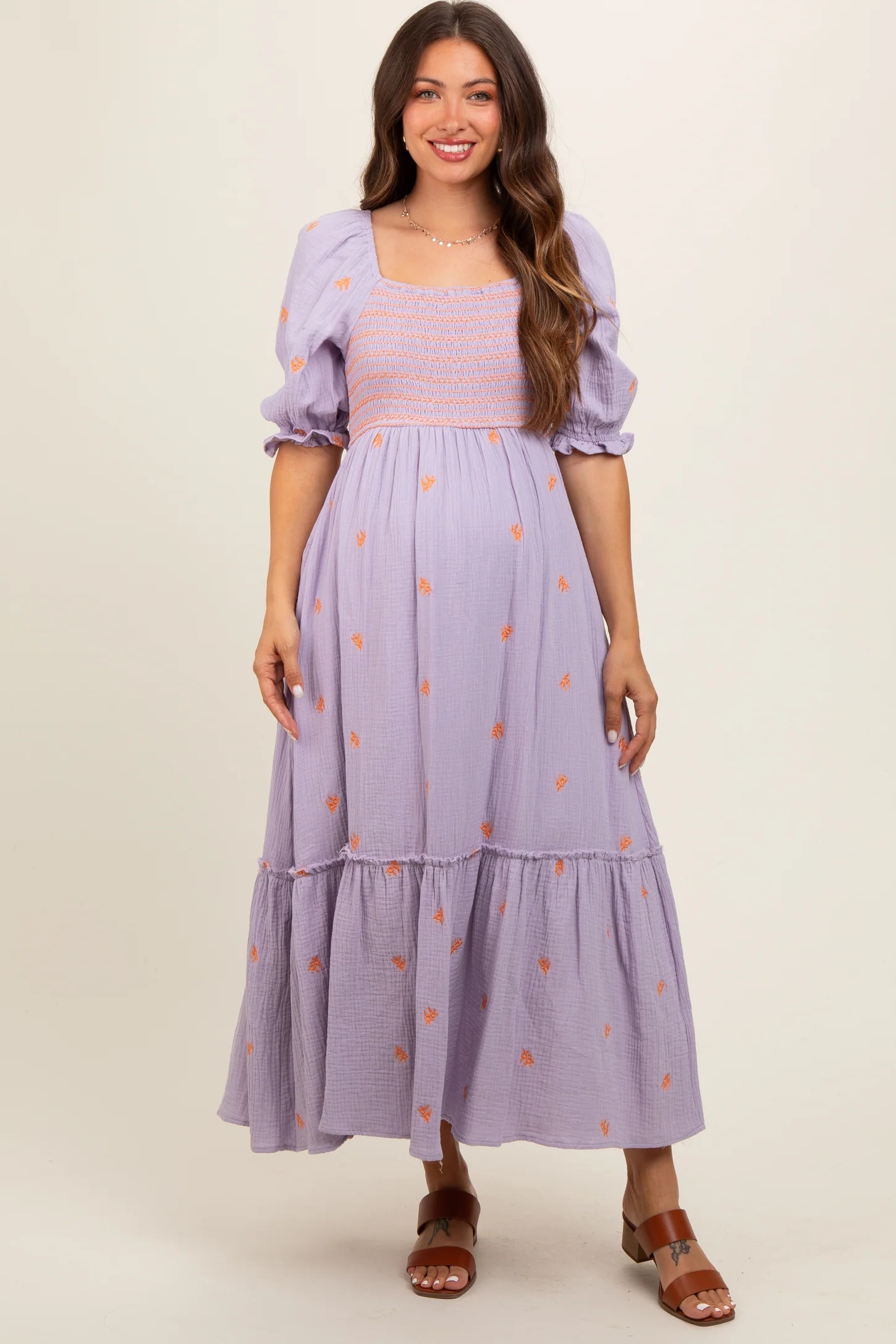 sachin and babi light blue dress Pinkblush Brown Off White Floral Embroidered Tiered Maternity Maxi Dress Small main image 0