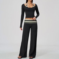 Ensemble de yoga 2 pièces pour femme : haut à manches longues color block coupe ajustée et pantalon large taille haute – Tenue de sport et d'entraînement – Vente en gros