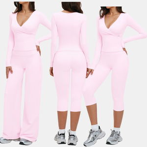 Ensemble 4 pièces pour femmes, haut sans manches à <span class=keywords><strong>col</strong></span> en <span class=keywords><strong>V</strong></span> superposé, haut à manches longues, leggings capri, pantalon large, yoga, entraînement, fitness - Product Image 5