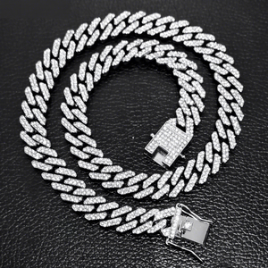 Kalung dan gelang rantai Cuban Link berlapis emas dengan zircon dan kristal, desain geometris Miami bertabur rhinestones untuk pria. - Product Image 1