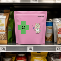 Matte roze staande zak voor voedselverpakkingen, hersluitbaar met ziplock, geurdicht, van Mylar folie gelamineerd, geschikt voor snoep en koekjes.