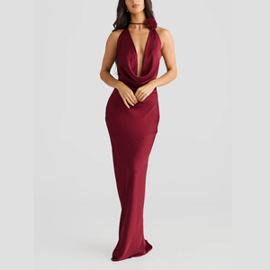 Personalizado peso ligero sedoso satén completamente forrado desmontable flor Halter Bias corte espalda descubierta señoras elegante Maxi tejido vestidos de noche - Product Image 1