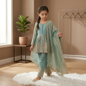 Girls Traditional 3mm Embroidery Sequences Work Fully Stitched & Ready to Wear Wedding Diwali <b>Silk</b> <b>Kurta</b> - Product Image 1
