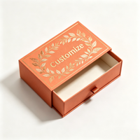 Boîte à tiroir de luxe personnalisée avec logo, motif couronne de feuilles en feuille d'or oranger terre cuite, avec ruban de tirage, pour bijoux et cadeaux, vente en gros