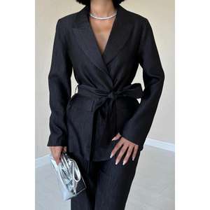 Elegant Black Belted <b>Suit</b> Set Women's Satin Pants <b>Jacket</b> Anti-Wrinkle 100% Polyester - Product Image 2