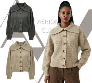 Cardigan en tricot texturé à bulles couleur beige avoine pour femme, col Peter Pan, coupe courte, style décontracté et preppy, personnalisable OEM - Product Image 2