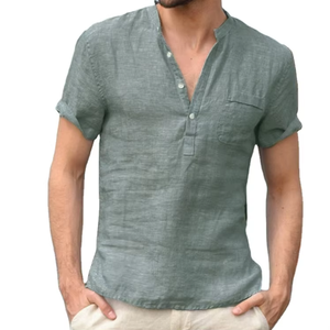 Camicia da Lavoro <span class=keywords><strong>Giapponese</strong></span> a Collo Semi-Aperto, Manica Corta, Traspirante, in Misto Cotone e Lino, Vestibilità Ampia, Stile Streetwear per Uomo - Product Image 4