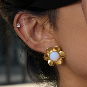 Flower <b>Stud</b> <b>Earrings</b> 18K Gold Plated Stainless Steel Opal Inlay Bezel Setting For Gift Jewelry Women Fashion Accessories - Product Image 3