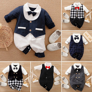 Combinaison à manches longues pour bébé nouveau-né, style gentleman à carreaux britanniques, vêtements de fête pour enfants, personnalisation d'usine - Product Image 2