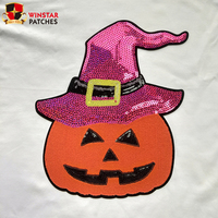 Nouveauté 2026 – Écussons thermocollants personnalisés en chenille et sequins brodés, motif citrouille fantôme d'Halloween, grande taille, pour vêtements – Vente en gros