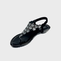 Sandales tendance pour femme à talon compensé bas orné de strass, à enfiler, avec bride élastique souple à la cheville et entre-doigts