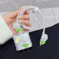Casing Pelindung Kabel Charger Silikon Transparan 3D Bunga Lucu untuk iPhone 18W/20W, Penutup Kabel Data Pengisian Cepat