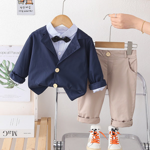 Conjunto de Traje de Tres Piezas de Algodón con Rayas Elegantes para Niños Pequeños y Niños, Primavera 2026, con Etiqueta en <span class=keywords><strong>el</strong></span> Cuello, Estilo Caballero - Product Image 1