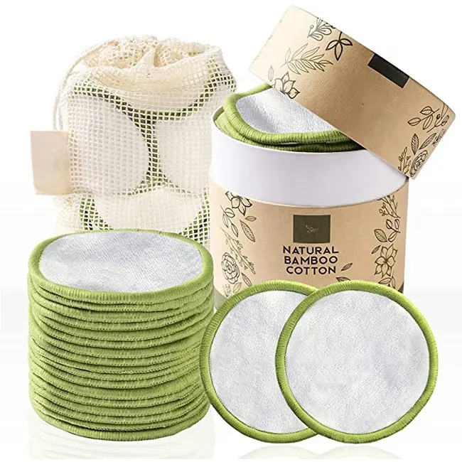 Tampons de démaquillants réutilisables, 30 pièces (paquet de 20), avec un sac à linge lavable et une boîte ronde pour le rangement, les rondes en coton de bambou