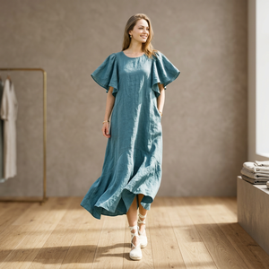 Organic 100% Cotton Vintage Handmade <b>Bell</b> <b>Sleeve</b> V-Neck Midi <b>Dress</b> Women High Waist A-Line Bow Pockets Breathable Loose Fit - Product Image 3
