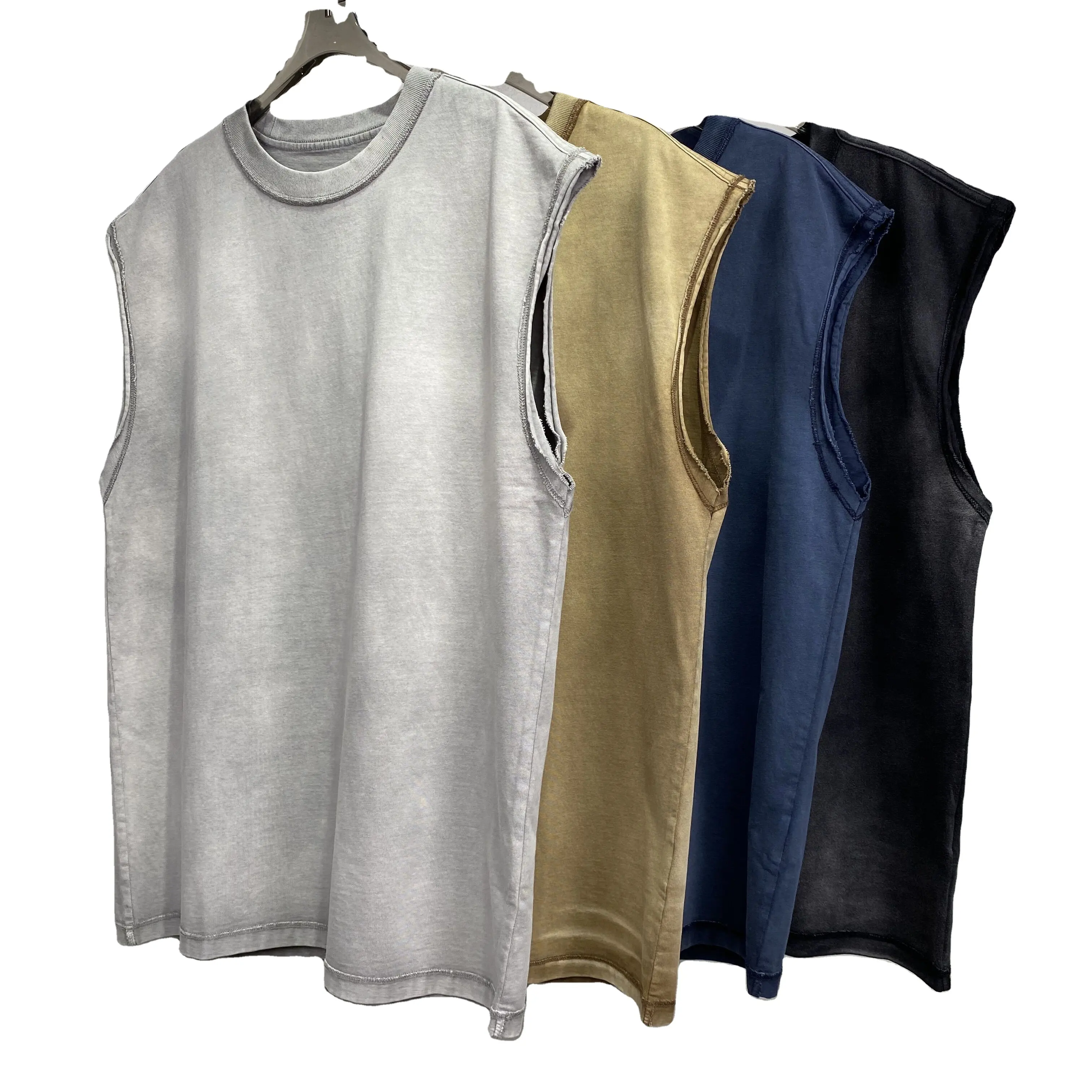 2024 New style high quality heavy cotton raw edged retro sleeveless shirts hip hop vintage washed inside out tank top for men