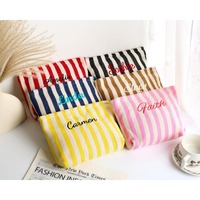 Pochette de maquillage en toile brodée à rayures pastel avec fermeture éclair, logo personnalisé, grande capacité, cadeau de mariage