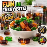 Bonbons gélifiés en gros en forme de canette de soda, fourrés à la confiture, saveurs variées de boissons, centre explosif, moelleux et masticables