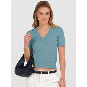 FOXA Suéter corto de manga corta con cuello en V para mujer, top de punto suave y ligero para uso informal de primavera y verano - Product Image 5