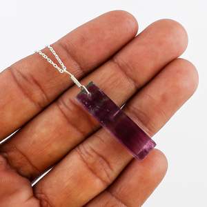 Natural Fluorite Bar Pendant <b>Necklace</b> 925 Silver Chain Geometric Shape Chakra Healing Crystal Unisex Everyday Wear - Product Image 5