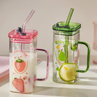 Nouvelle Tendance : Mug à Boire Carré en Verre Borosilicate Transparent de 350 ml, Réutilisable, Moderne, pour Maison/Bureau, Bière, Boba, avec Couvercle et Paille