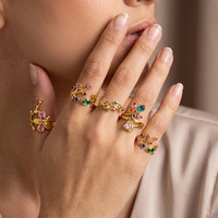Bague en acier inoxydable plaqué or 18 carats PVD avec fleur colorée en zircon et strass sertis clos, design de niche, bagues de luxe élégantes, bijoux pour femmes