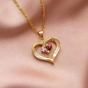 时尚优雅 18k 金个性化心形定制 2 件套情侣名字首字母心形吊坠项链带生日石 - Product Image 6