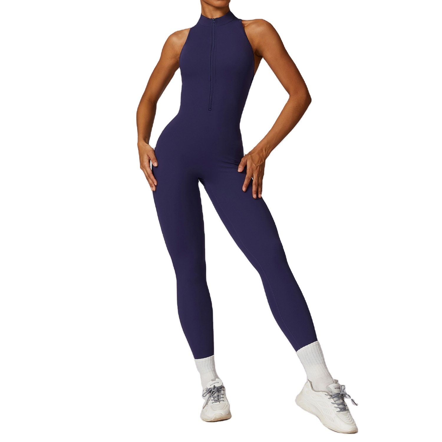Hot Selling Jumpsuit Ladies Casual Sleeveless Half Zip Front Sexy Workout Rompers One Piece Bodysuits Bodycon Yoga Gym Sports