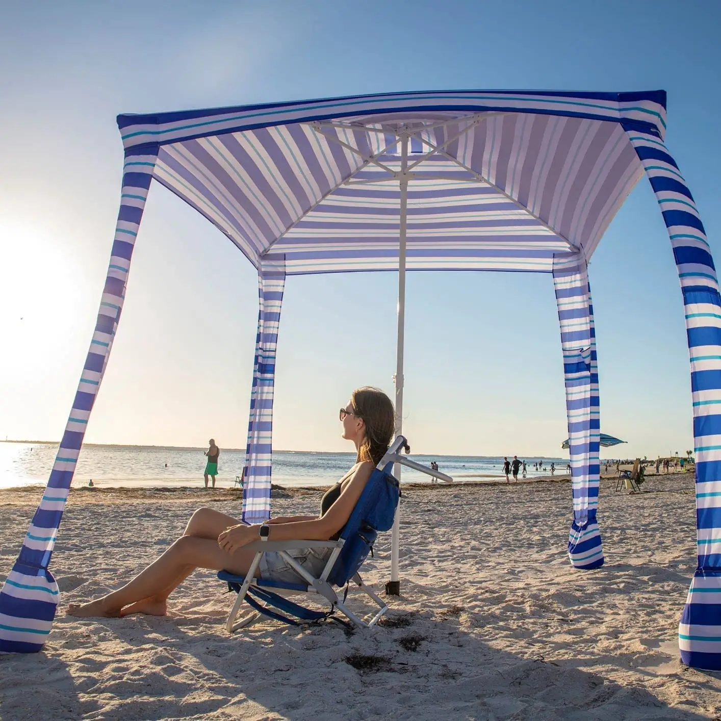 Benutzer definierte Druck 4 Beine 6ft Outdoor tragbare Strand Cabana Zelte Wind dichte quadratische Sonnenschutz Cabana Sonnenschirm