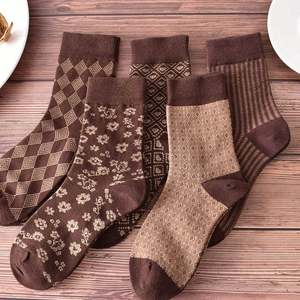 Autumn Winter Fashion Mid Tube Sheer Socks for Women Coffee Color Retro Style 5 Toe Knitted Breathable Logo Cuff for Daily Use - Product Image 1