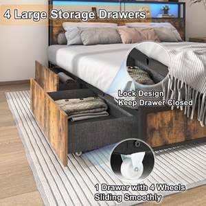 AJUNION <span class=keywords><strong>Lit</strong></span> industriel en bois et métal Cadre <span class=keywords><strong>de</strong></span> <span class=keywords><strong>lit</strong></span> plate-forme Queen Size avec lumière LED Station <span class=keywords><strong>de</strong></span> charge USB Tête <span class=keywords><strong>de</strong></span> <span class=keywords><strong>lit</strong></span> à 4 tiroirs <span class=keywords><strong>de</strong></span> rangement - Product Image 2