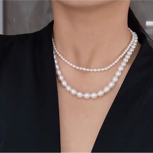 Collar de Perlas de Agua Dulce Naturales XL33-3, Doble Capa, Forma de Arroz, Gargantilla Retro, Cadena para Clavícula, Regalo Personalizado Francés - Product Image 1