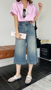 Jeans pour femmes grandes tailles, bleu clair, longueur <span class=keywords><strong>7</strong></span>/<span class=keywords><strong>8</strong></span>, style grand-mère, écologiques, respirants, séchage rapide, <span class=keywords><strong>taille</strong></span> haute, jambe large, tissu extensible en denim - Product Image 2