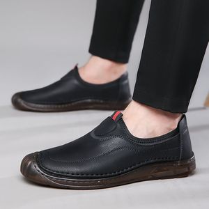 Men's Leather Loafers Round Toe Slip-On Soft <b>Rubber</b> Sole All Seasons Solid Color Casual Shoes - Product Image 2