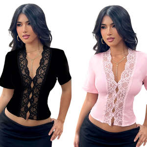 Cárdigan de punto de color liso con encaje, manga corta, sexy, transparente, con botones, para mujer, ecológico, transpirable, top para oficina y trabajo. - Product Image 1