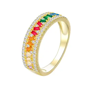 Cincin perak murni zirkon berlian berkilau warna pertama Baru grosir berlapis emas 14K cincin nama baju wanita ukuran besar
