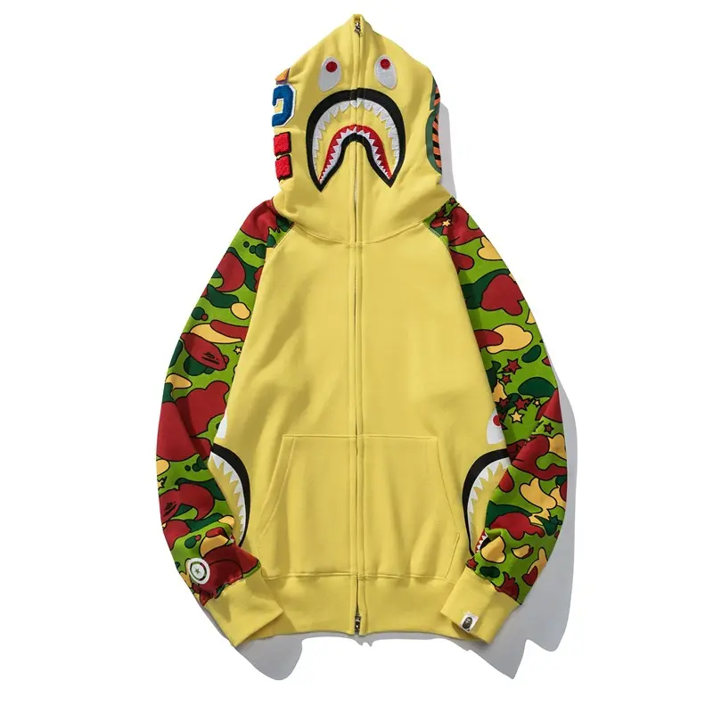 High Quality Bathing ape shark camo zip up hoodies streetwear 100% cotton sleeve Sweatshirt women unisex full zip bapees hoodie