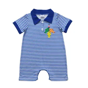 Baby Boys embroidery fish Rompers summer Clothing Newborn boutique wholesale bubble infant blue stripe short sleeves onesie